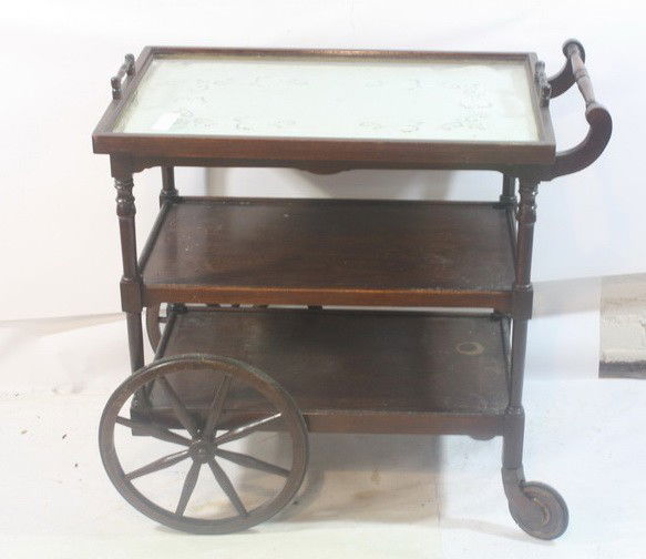 Mahogany Tea Cart with Glass Tray on Top: Mahogany Tea Cart with Glass Tray on Top