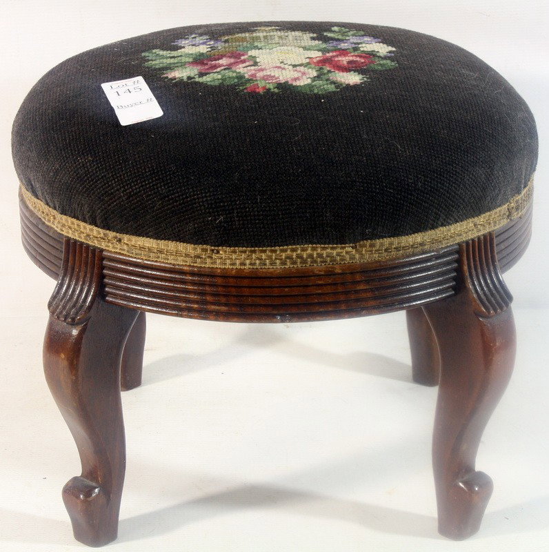 Oval Four Legged Needlepoint Cricket Stool 13" Wid: Oval Four Legged Needlepoint Cricket Stool 13" Wide 11" High