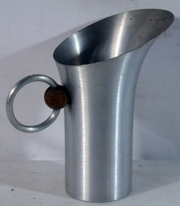 Signed Russel Wright 11" Aluminumware Pitcher with: Signed Russel Wright 11" Aluminumware Pitcher with Oval Aluminum Handle with Wooden Ball