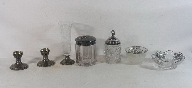 Sterling weighted candle sticks, dresser jars, etc: Sterling weighted candle sticks, dresser jars, etched vase w/ Sterling base, and silver overlay glass pieces
