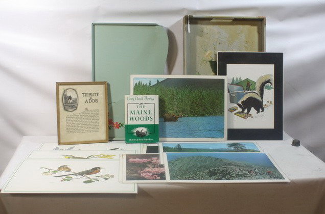 Misc. Lot with prints and Table mats, wooden tray: Misc. Lot with prints and Table mats, wooden trays, trubite to dog.