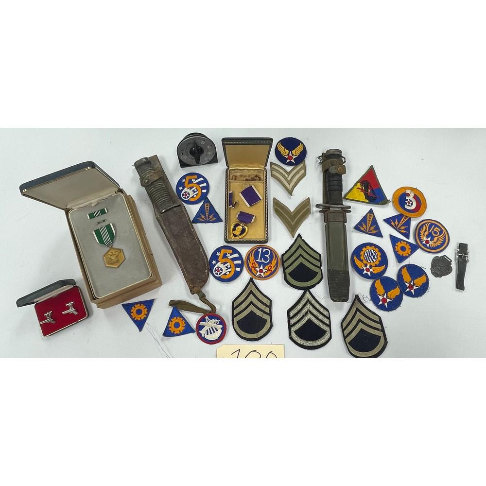Us Military Lot, Wwii Unit Insignia Purple Heart: Cpt. Cochrane Merit Medal, M1 Carbine Bayonet W/ Scabbard, K Ba w Scabbard, 1916 Mexican Border Badge