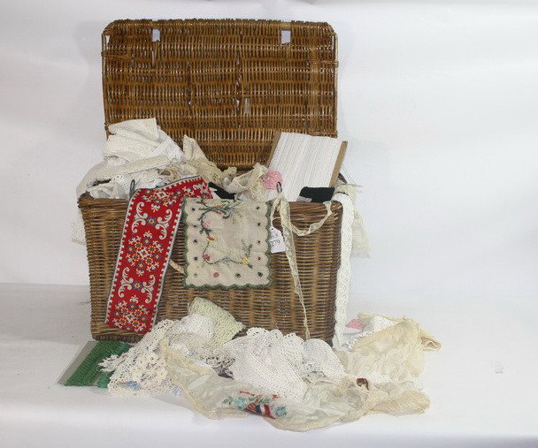 Wicker Case Hamper full of lace and trim: Wicker Case Hamper full of lace and trim