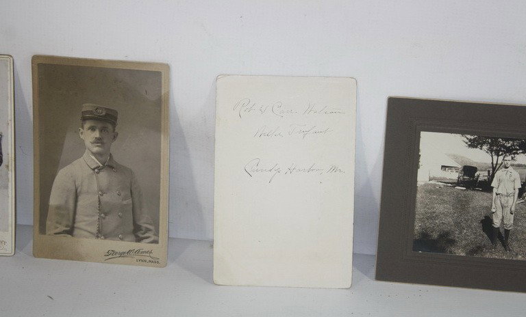 five old photos baseball players, conductor/service: five old photos baseball players, conductor/serviceman on back photos with 3 baseball players Rob & Carr Watson, Nellie Tryfant, Cundys Harbor, ME