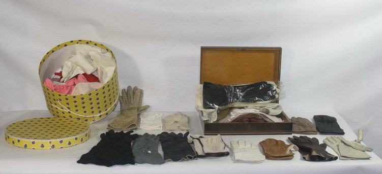 Large Lot of Vintage Ladies gloves in Hat Box & In: Large Lot of Vintage Ladies gloves in Hat Box & Inlayed Wooden Box. Approximately 30 Pairs.