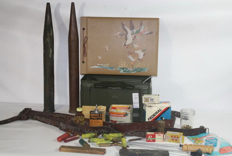 Ammo Box full of Misc items, gun cleaning items, a: Ammo Box full of Misc items, gun cleaning items, a pr of copper flag holders, couple leather ammo gun belts, couple straight razors from Pete Andrews Estate So. Woodstock ME