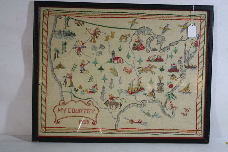 Two 1950 Samplers history of transportation depicts: Two 1950 Samplers history of transportation depicts a US map with all modes of transport, ship, horses, buggy, bicycle, circa 1955 My Country map of US with all kinds of activities,showing skiers stea