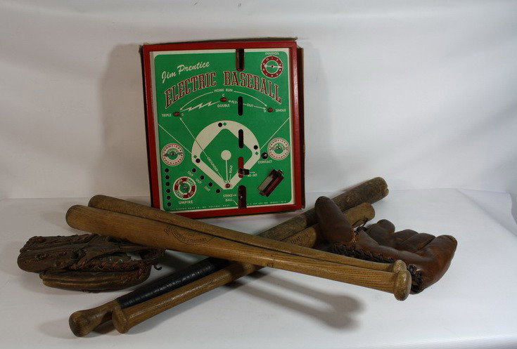 Ted Williams baseball glove, electric baseball gam: Ted Williams baseball glove, electric baseball game, four wooden bats, a left handed baseball glove