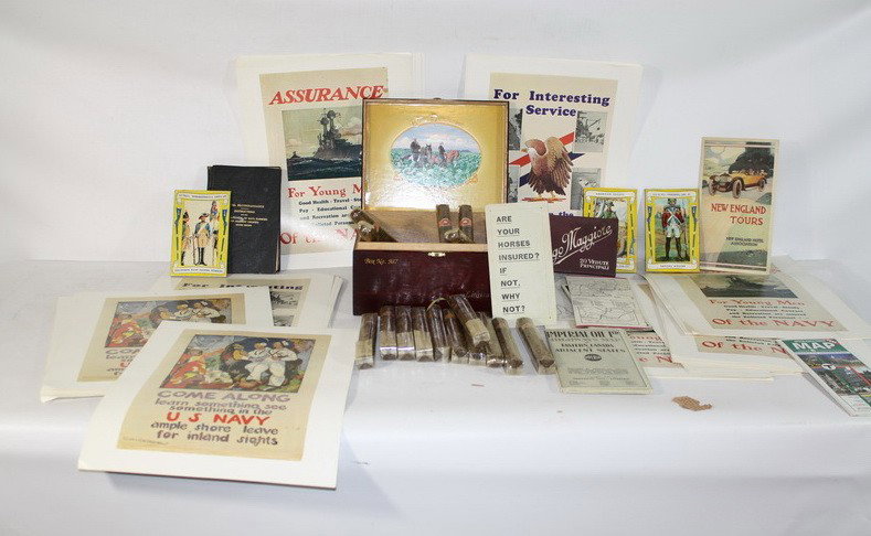 Box of Recruitment posters 50 total "Young Men of : Box of Recruitment posters 50 total "Young Men of the Navy" a Box of Dominican cigars, Fort Ticonderoga Postcards