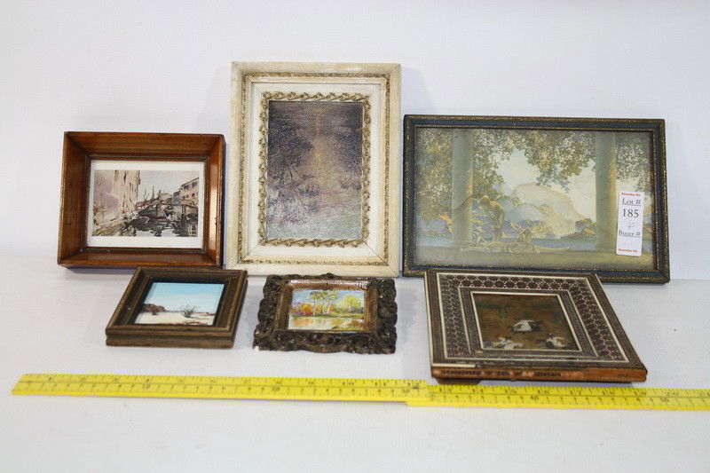 Misc. lot of mini artwork including Maxfield Parri: Misc. lot of mini artwork including Maxfield Parrish and several small OOB paintings