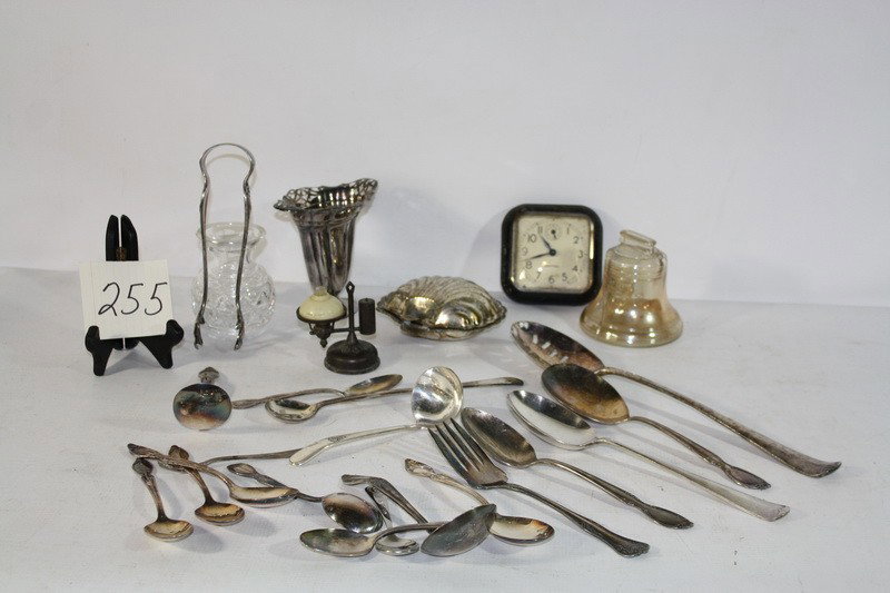 Box of silverplate, clock and nut dish: Box of silverplate, clock and nut dish
