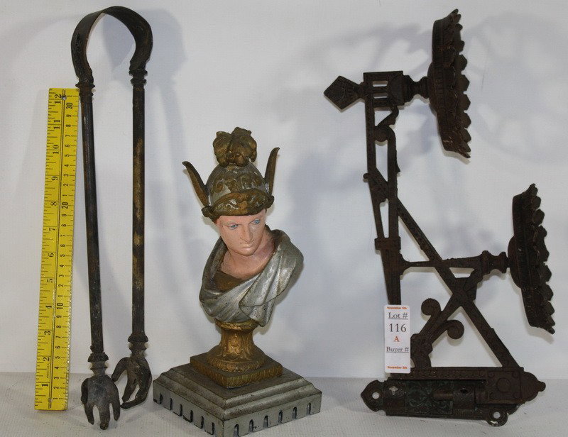 Old cast iron lamp bracket, pair of brass and iro: Old cast iron lamp bracket, pair of brass and iron fire tongs and iron bust of a gladiator