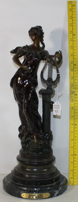 18" Bronze Statue by Auguste Moreau: 18" Bronze Statue by Auguste Moreau "Harp Girl"