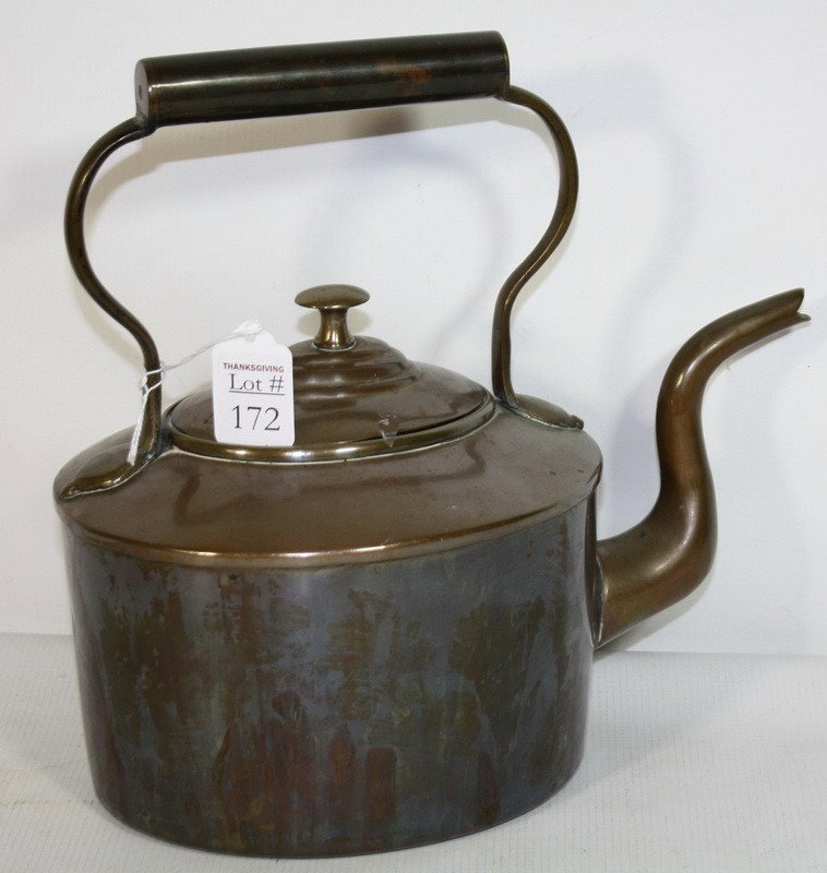 Copper Tea Kettle with handle stamped on bottom: Copper Tea Kettle with handle stamped on bottom
