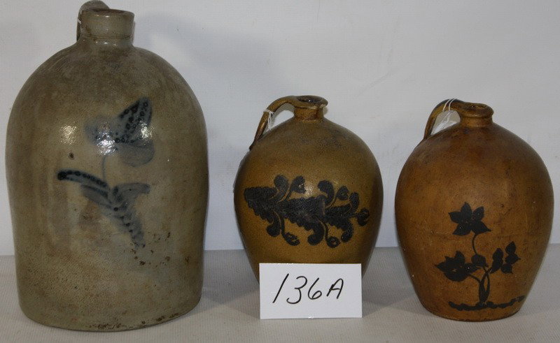3 piece lot crocks, Pair of Ovoid and one number : 3 piece lot crocks, Pair of Ovoid and one number two stoneware crock all have decorations.