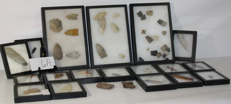 Large Collection of Indian arrowheads and artifacts: Large Collection of Indian arrowheads and artifacts from Frank MIller Collection and Kelly Chesnut, 2 5/16" North Blade Indian Arrowhead from Madison County Illinois part of Frank Milller Collection,