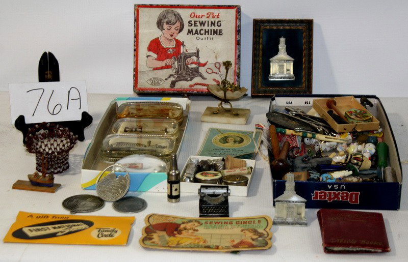 Box of misc. items, sewing items,, Toy Sewing mach: Box of misc. items, sewing items,, Toy Sewing machine and more
