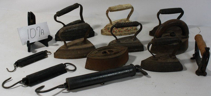 Lot of sad irons and scales: Lot of sad irons and scales