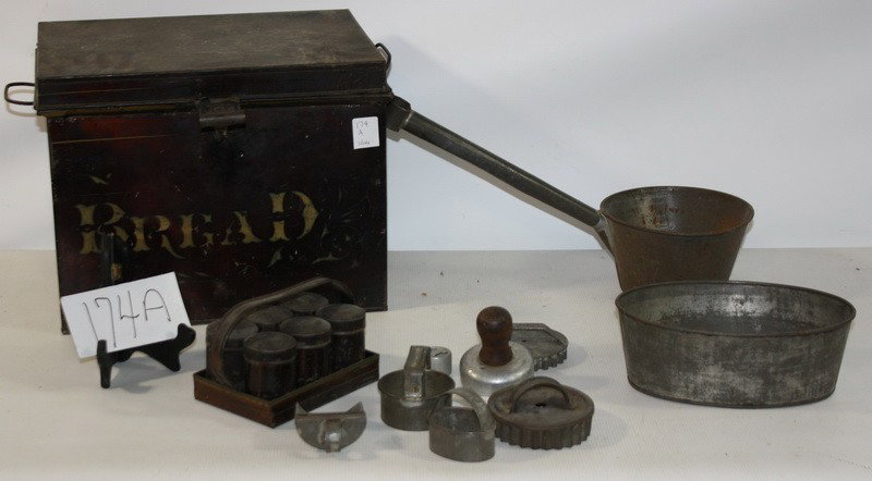 Tin Bread box with cover contents kitchen with sm: Tin Bread box with cover contents kitchen with small tin bucket with tin cookie cutters, small tin with spice container