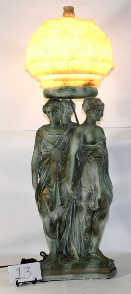 39" Alabaster triple figural lamp with intricately: 39" Alabaster triple figural lamp with intricately carved soapstone shade