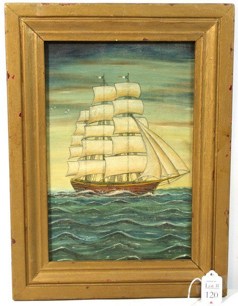 OOB depicting a tall masted ship 11x8 unsigned in: OOB depicting a tall masted ship 11x8 unsigned in lemon gold frame
