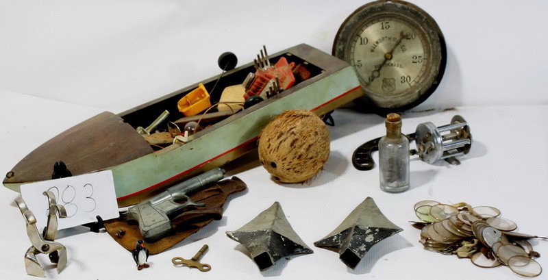 Misc. lot of clocks, toy boat, dog tags and more: Misc. lot of clocks, toy boat, dog tags and more