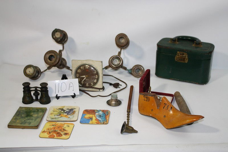Misc. Lot of country items, opera glasses, clock,: Misc. Lot of country items, opera glasses, clock, candle holders