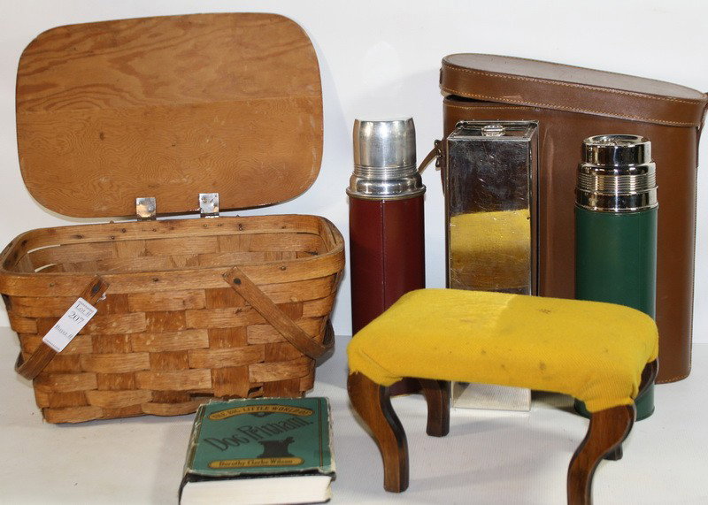 Lot with picnic basket, small stool, thermos set a: Lot with picnic basket, small stool, thermos set and book
