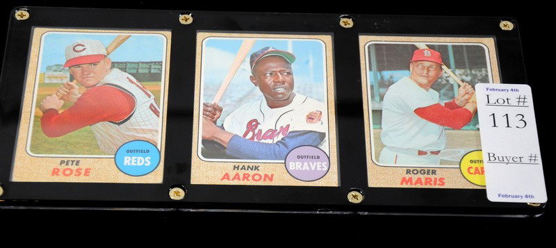 3 Framed 1968 Topps cards, Pete Rose, Hank Aaron a: 3 Framed 1968 Topps cards, Pete Rose, Hank Aaron and Roger Maris