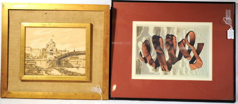 Two pictures to include Framed in gold mixed medi: Two pictures to include Framed in gold mixed media print with pen and ink and framed abstract ribbon in red matt.