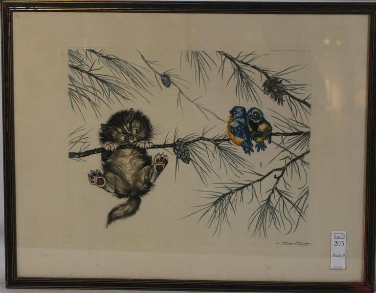 Boris O"Klein Signed Litho in Colors, Cats, Birds: Boris O"Klein Pencil Signed Litho in Colors, Cats and Birds