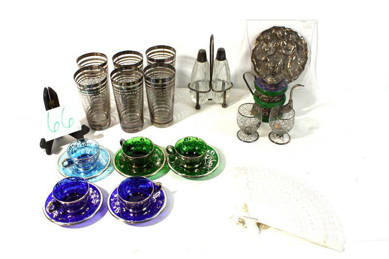 Colored glass overlay lot with silver overlay, deco: Colored glass overlay lot with silver overlay, decorative tea pot and more"