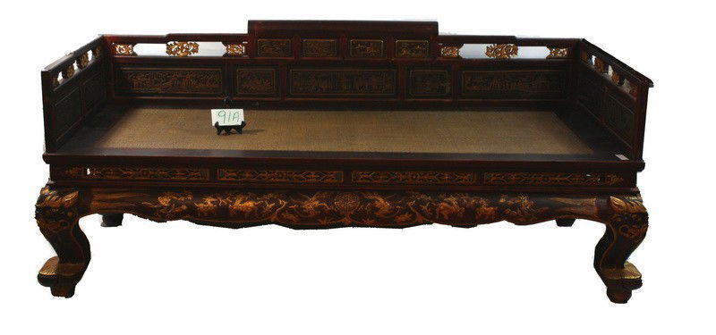 78" Chinese Opium Bed with Original Rush Seat and: 78" Antique Chinese Opium Bed with Original Rush Seat and Ornately Carved Wood Frame depicting Asian Scenes circa 1800s.