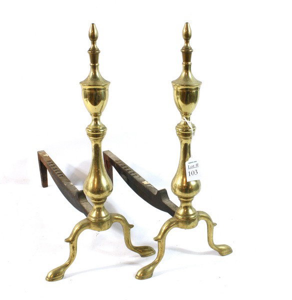 Brass andirons signed Bennett: Pair of Brass Andirons signed Bennett 17"" H x 15""D"