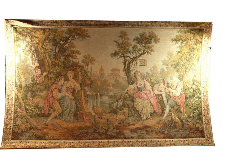 Large hanging tapestry 5' x 8' depicting romantic: Large hanging tapestry 5' x 8' depicting romantic scene. French Tapestry circa earl 20th century with leather bound edging.
