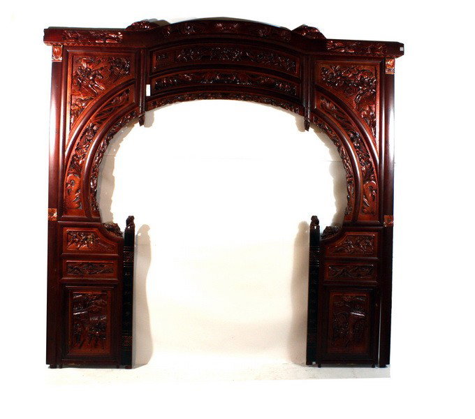 80x80 Decorative Carved Wood 3 Piece Chinese Wall: 80x80 Decorative Carved Wood 3 Piece Chinese Wall Piece depicting Warriors and Asian Scenes used as an entrance panel to antique Chinese Marriage Bed.