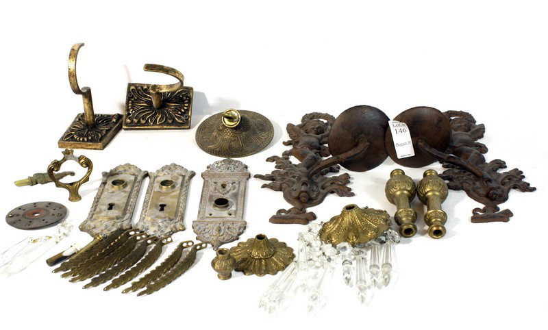 Brass and iron lot with Signed Chatham door hardwa: Brass and iron lot with Signed Chatham door hardware