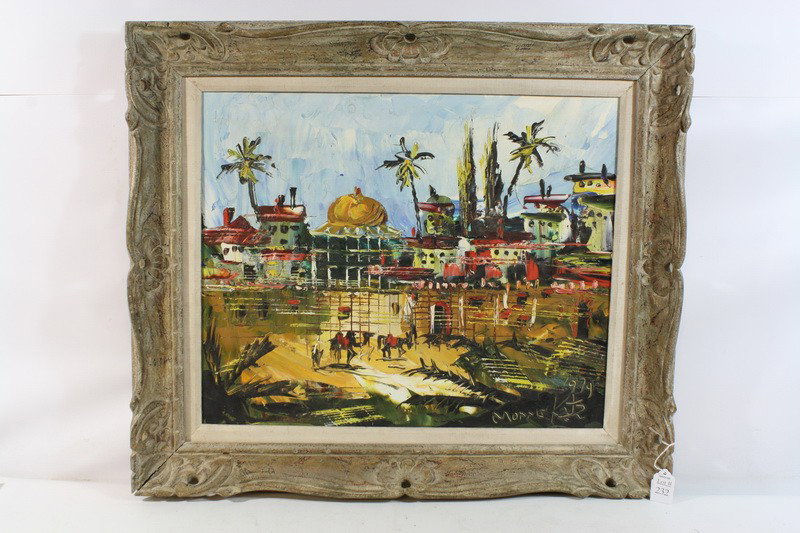Oil on Masonite 21x17 signed Katz 1974: Oil on Masonite 21x17 signed Morris Katz 1979 depicting Middle Eastern Scene