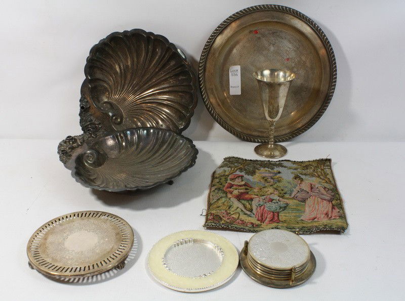 two candle holders, silver plated coasters with sm: two candle holders, silver plated coasters with small tapestry misc lot