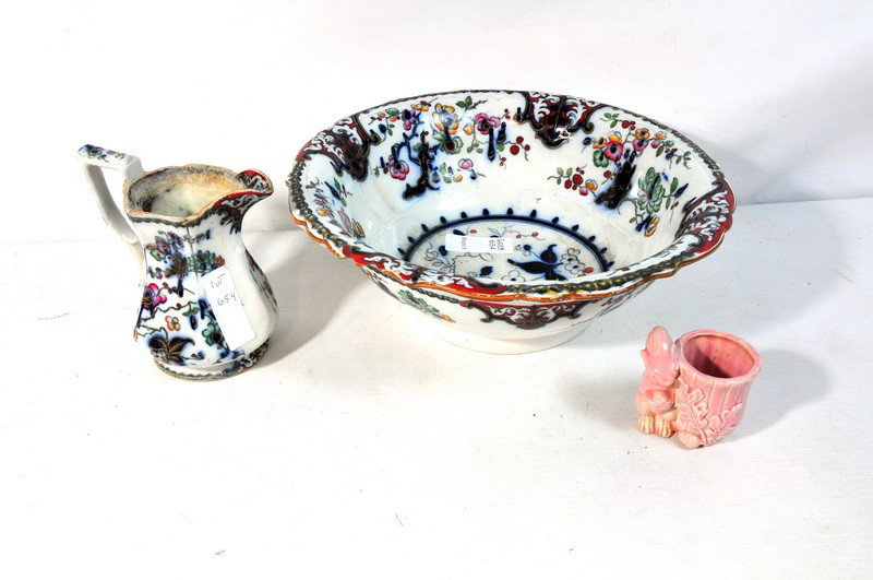 small 6" Pitcher and decorative bowl signed Ol Eas: small 6" Pitcher and decorative bowl signed Ol Easter with small squirrel vase pink in color with flower