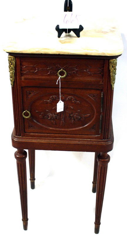 Marble top wooden side table with decorative inlay: Marble top wooden side table with decorative inlay with drawer and cupboard underneath 35" in height