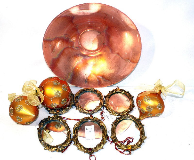 Misc box lot to include: six small gold in color m: Misc box lot to include: six small gold in color mirrors 4x5, three orange Christmas decorations with glitter and one orange irridescent bowl