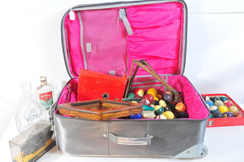 Liz Claiborne Suitcase Filled with Dominos, Billia: Liz Claiborne Suitcase Filled with Dominos, Billiard Balls and 2 Decorative Decanters