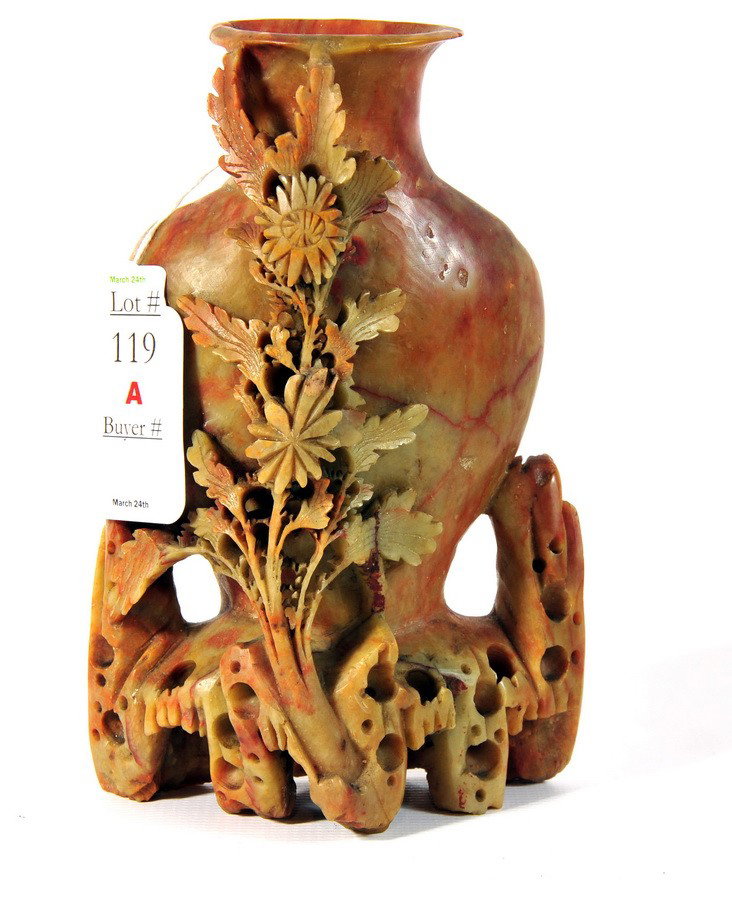 8" soapstone vase with floral decorations: 8" soapstone vase with floral decorations