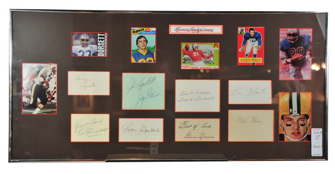 Framed plaque featuring Heisman Trophy Winners with: Framed plaque featuring Heisman Trophy Winners with Autographs, Tony Dorsett, Earl Campbell and more