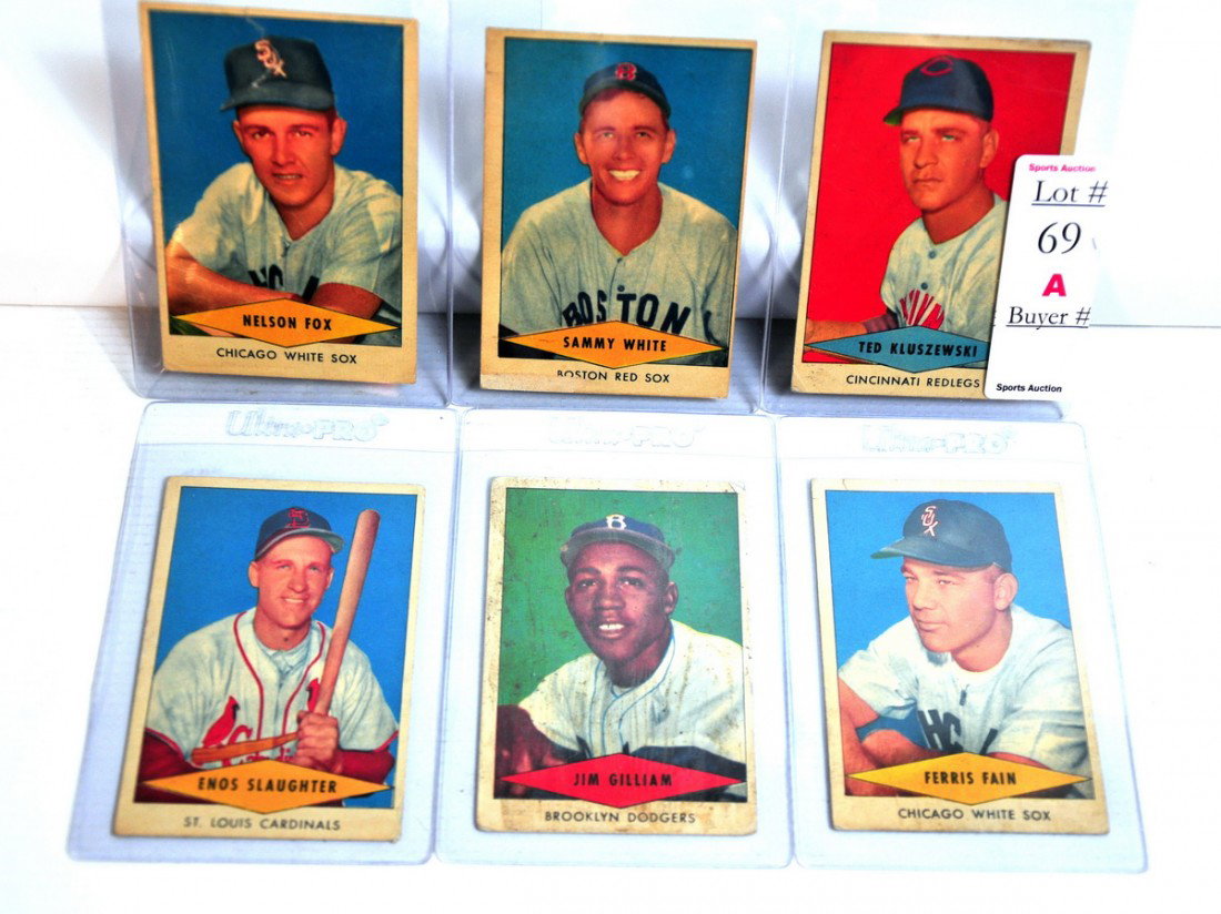Six 1954 RedHeart cards, Enos Slaughter, Nelson Fo: Six 1954 RedHeart cards, Enos Slaughter, Nelson Fox, Sammy White, Ferris Fain, Ted Kluszewki, Jim Gilliam