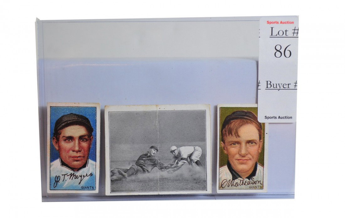 1912 T202 Hassan Tobacco triple card Christy Mathew: 1912 T202 Hassan Tobacco triple card Christy Mathewson, Devlin Gets His Man and John Meyers some creasing and staining