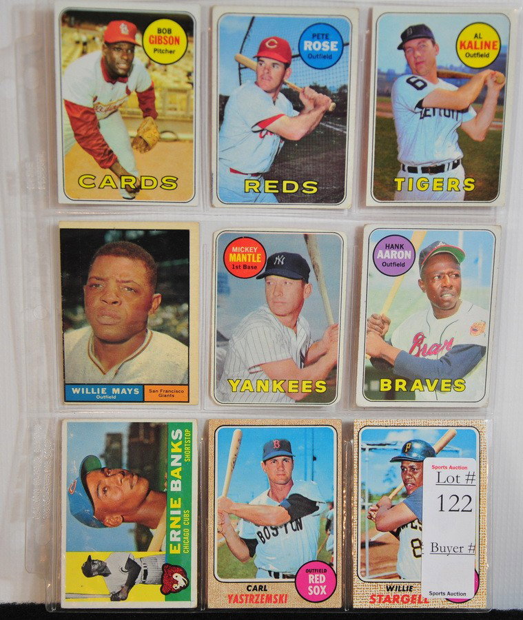 9 1960's Baseball cards, Bob Gibson, Pete Rose, Al: 9 1960's Baseball cards, Bob Gibson, Pete Rose, Al Kaline, WIllie Mays, Mickey Mantle, Hank Aaron, Erinie Banks, Yaz and WIllie Stargell