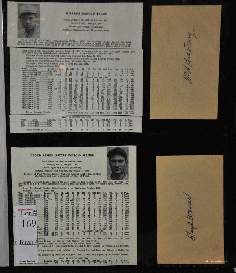 1940's Baseball HOF Autograph Lot incl. William Te: 1940's Baseball HOF Autograph Lot incl. William Terry, Lloyd Wainer, Harry Hooper and Red Ruffing