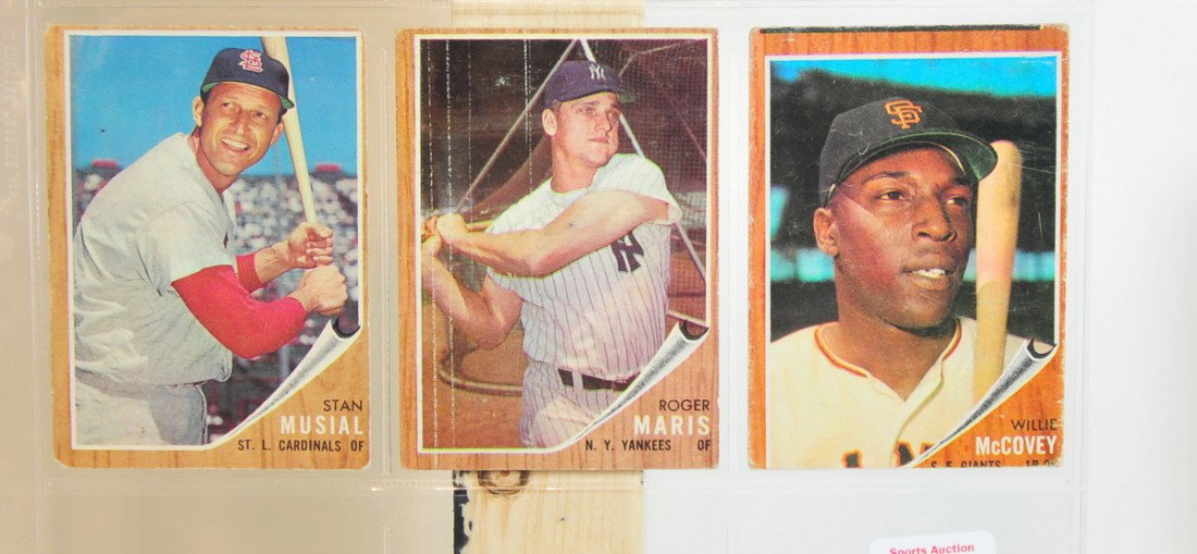 3 1962 Topps Cards Stan Musial, Roger Maris and Wi: 3 1962 Topps Cards Stan Musial, Roger Maris and Willie McCovey cards are g-vg